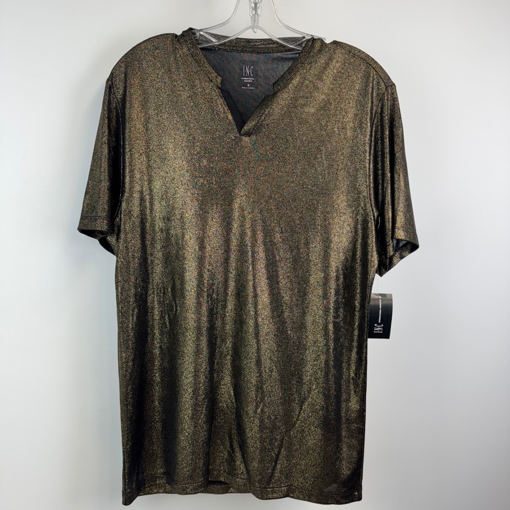 INC‎ International Concepts T-Shirt Men's Small Gold Metallic Shimmer V-Neck NWT